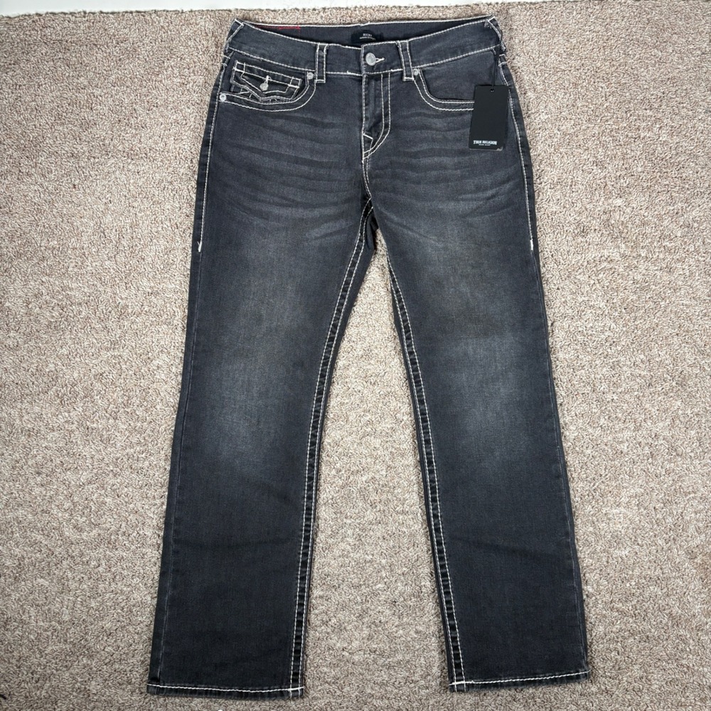 True Religion Ricky Relaxed Straight Big T Flap Jeans Grey Smoky Mist 32 NEW